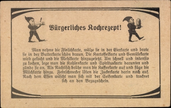 Postcard Bourgeois Cooking Recipe, Take the meat menu, roll it in the egg menu..., Dwarves