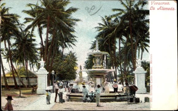 Postcard Veracruz Mexico, fountains, palm trees, people, La Alameda
