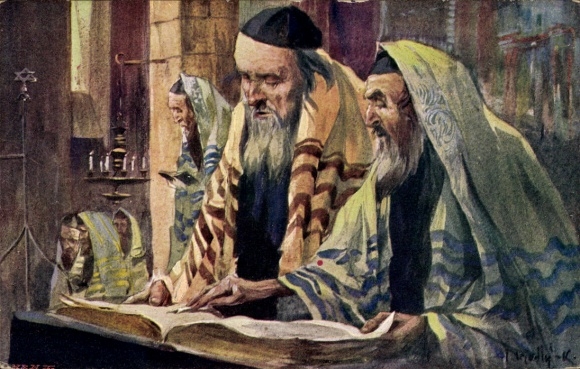 Judaica artist Postcard Jewish scholars read from a book, synagogue