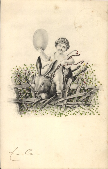 Happy Easter! Cupid riding an Easter bunny, Easter egg