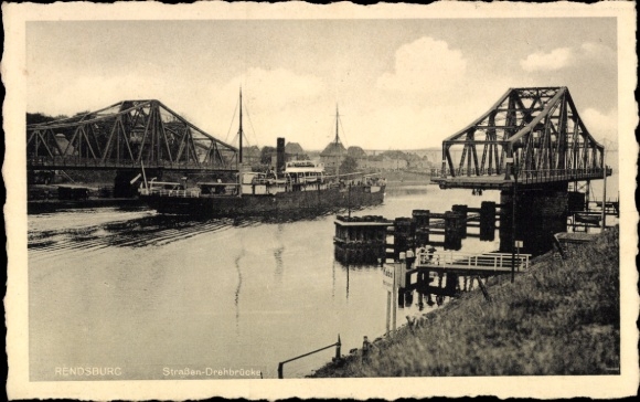 Postcard Rendsburg in Schleswig Holstein, water scene with road swing bridge and steamer