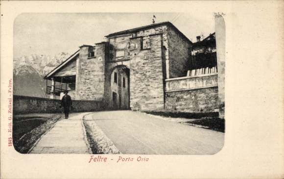Postcard Feltre Veneto, Feltre Porta Oria, city wall, path, mountain landscape