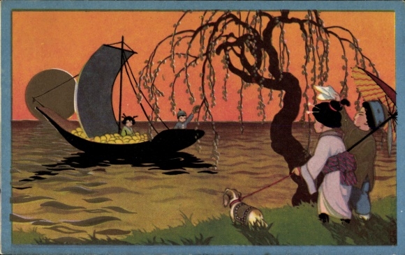 Artist Postcard Asian children on the shore, boat on the water, umbrella, dog