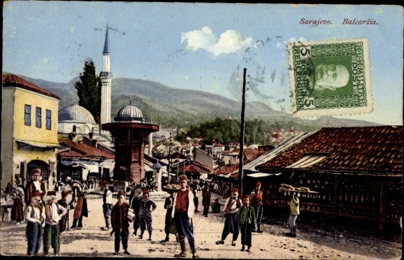 Postcard Sarajevo Bosnia Herzegovina, Baicaršia, people on the street, minaret, market