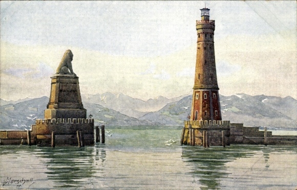Artist Postcard Marschall, V., Lindau on Lake Constance, harbor entrance, lighthouse