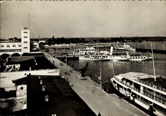 Lake Constance, saloon steamer, harbor view, ships, cafe/confectioner, people by the water