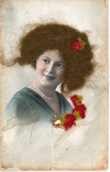 Human hair Postcard Young woman with dark hair, pearls, flowers