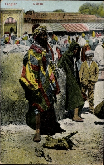 Postcard Tangier Morocco, A saint in a market with many people