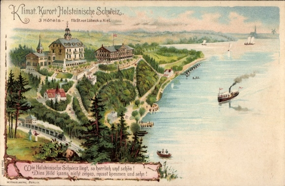 Lithograph of Eutin in East Holstein, a climatic spa town in the Holstein Switzerland region, with 3 hotels and a steamboat.