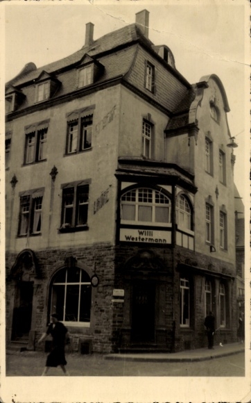 Photo Postcard corner building, Willi Westermann commercial building