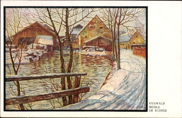 Artist Postcard Osswald, Mill in the Snow