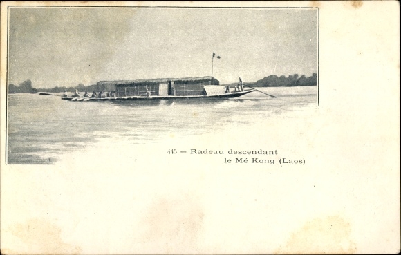 Postcard Laos, Radeau descendant le Me Kong, houseboat on the river