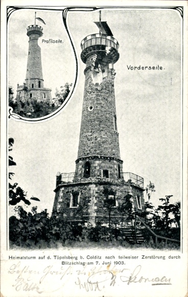 Colditz in Saxony, Töpelsberg, Heimatsturm, damage caused by lightning strike 1903
