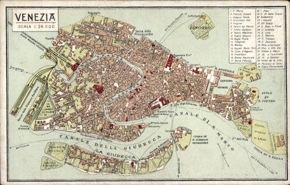 City map Postcard Venezia Venice Veneto, general view, Canale della Giudecca, Canale di S. Marco