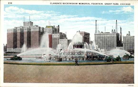 Postcard Chicago Illinois USA, fountain, water fountains, building, Grant Park