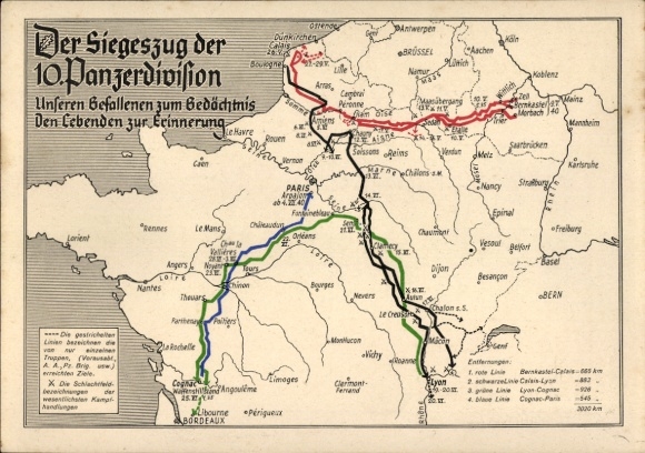 Map of the German Wehrmacht, victory march of the 10th Panzer Division, Western Campaign, General Ferdinand Schaal