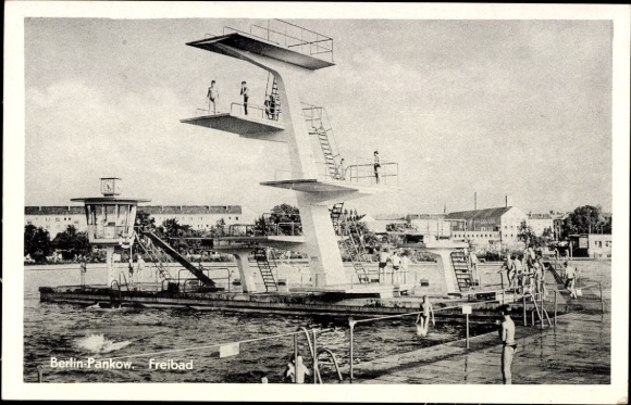 Postcard Berlin Pankow, outdoor swimming pool, diving tower