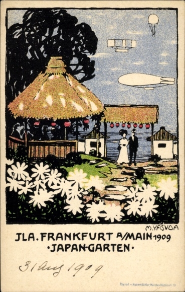 Artist Postcard Yasuda, Frankfurt am Main, Airship Exhibition 1909, Japanese Garden
