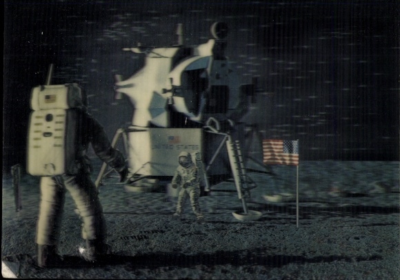 Postcard moon landing, American flag, astronauts