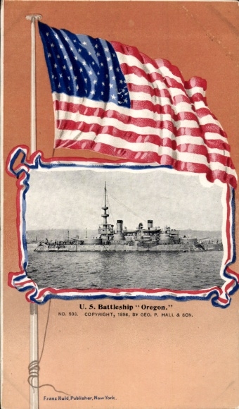 Passepartout Postcard US-American warship, USS Oregon, battleship, flag