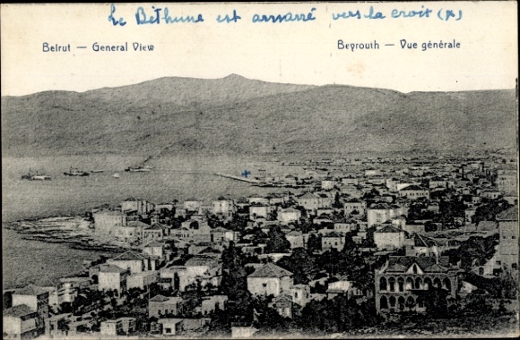 Postcard Beirut Beyrouth Lebanon, general view, harbor, mountains in the background