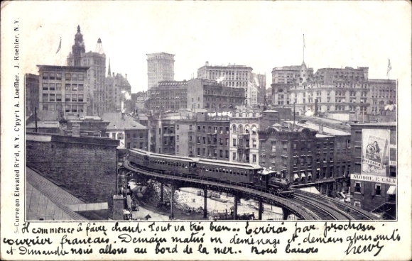 New York City USA, curve on elevated track, train, cityscape