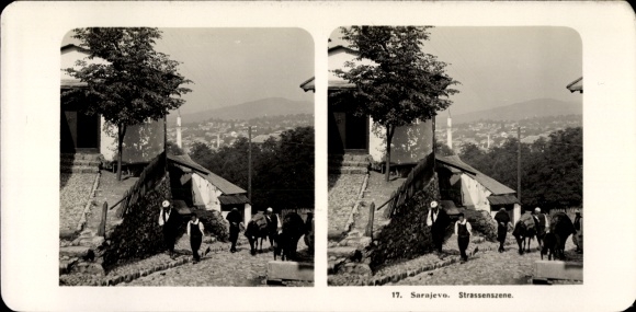 Stereoscopic photo of Sarajevo, Bosnia and Herzegovina, street, passersby