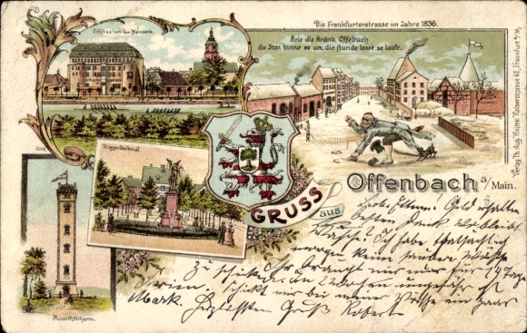 Coat of arms lithograph Offenbach am Main Hesse, observation tower, Frankfurter Straße