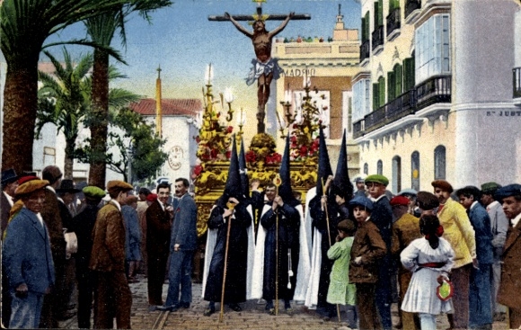 Seville, Andalusia, procession, crowd, crucifixion, black robes, palm tree