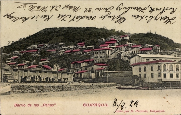 Postcard Guayaquil Ecuador, Barrio de las Peñas, colorful houses, harbor view