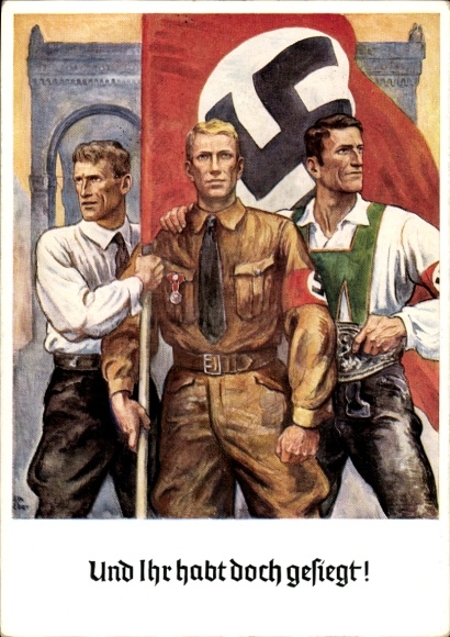 Postal stationery by artist Postcard Eber, E., And you did win, November 9, 1938, flag