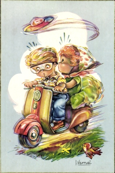 Artist Postcard Vernat, Happy Birthday, couple on scooter, UFO, flying saucer