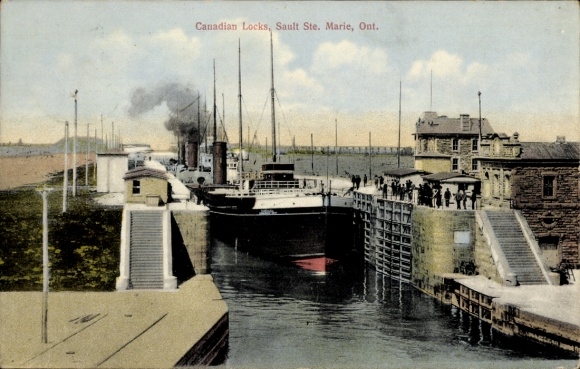 Postcard Sault Sainte Marie Ontario Canada, Canadian Lock, Steamship