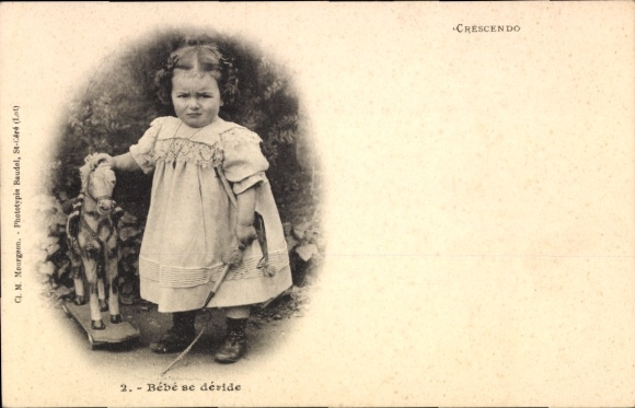 AK Child Portrait, little girl with toy horse on wheels