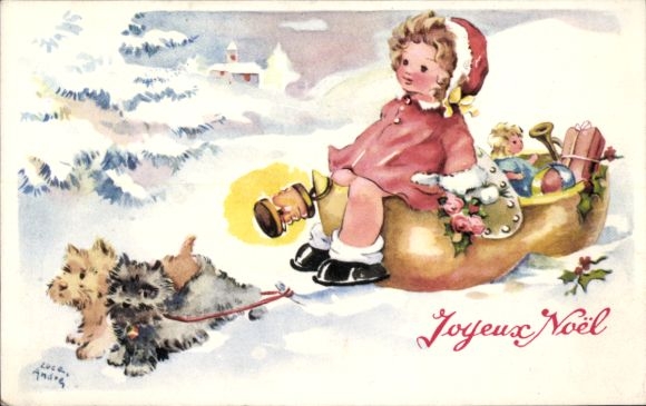 Merry Christmas, dogs pulling child with presents