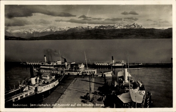 Lake Constance salon steamer, steamer harbor, view of Switzerland, mountains