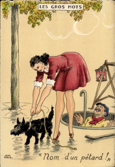 Postcard Mann looks up the skirt of a bent-over woman, Terrier