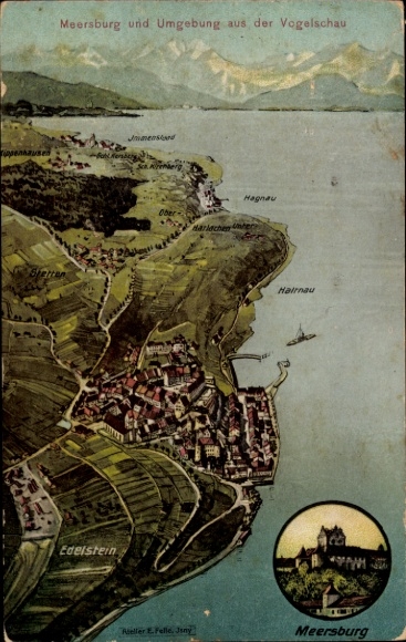 Postcard Felle, Eugen, Meersburg on Lake Constance, surroundings from a bird's-eye view