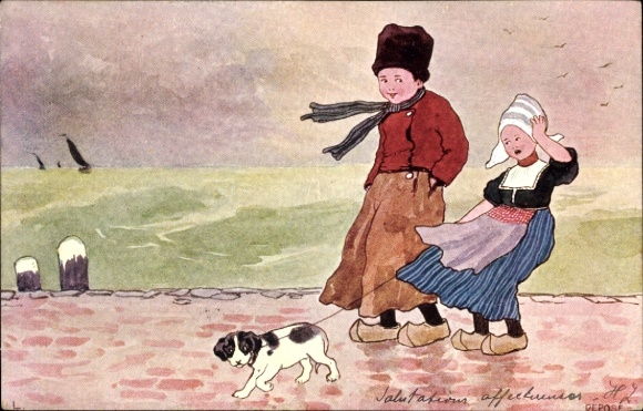 Artist Postcard Children in Dutch costumes, dog