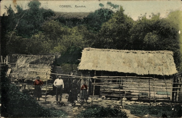 Postcard Valparaíso Chile, landscape with hut, three people, nature, trees