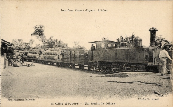 Postcard Abidjan Ivory Coast, steam locomotive, timber cargo, Côte d'Ivoire, Jean Rose Import-Export