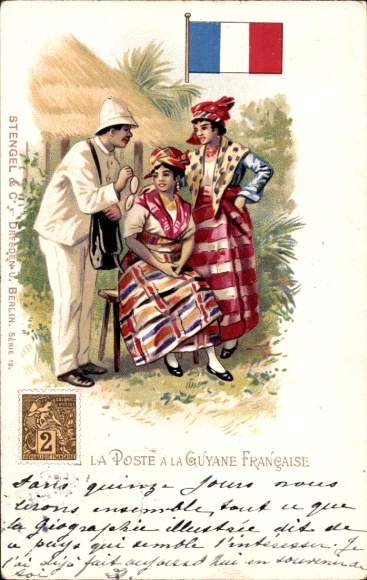 Postage stamps litho post in French Guiana, postman, local women