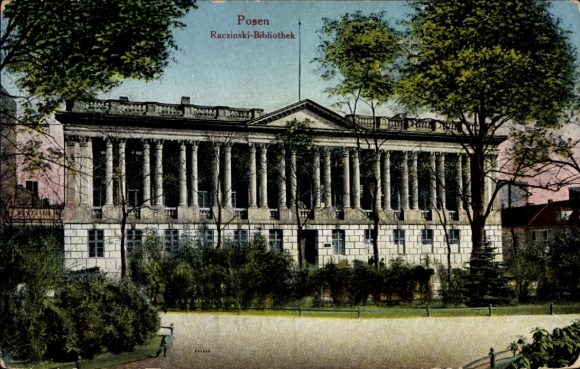 Postcard Poznań Posen, Raczinski Library, trees, park