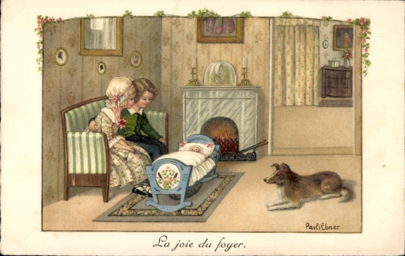 Artist Postcard Ebner, Pauli, children, doll in cradle, dog