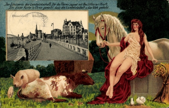 Passepartout Postcard Düsseldorf, Rhine riverbank, Protector of agriculture with animals, Agricultural Exhibition