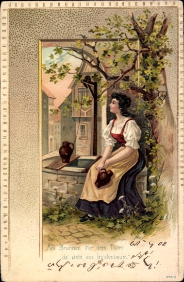 Stamp Postcard Am Brunnen vor dem Tore, da steht ein Lindenbaum, Frau mit Kannen