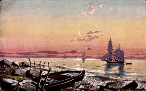 Artist Postcard Sailing ship at dusk, boats on the shore