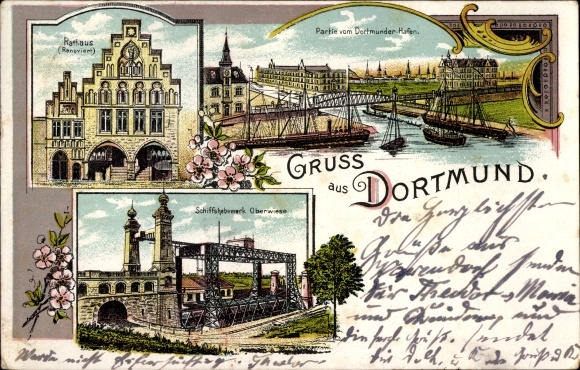 Chromo-Litho Dortmund in the Ruhr area, Stadegarten, town hall, Oberwiese ship lift, harbour