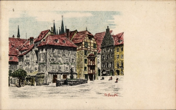 Postcard Cheb Eger Region Karlovy Vary, market square, buildings, colored pen drawing, B. Lark