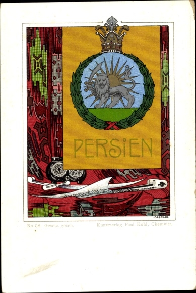 Artist coat of arms Postcard Caspari G., Persia, lion, sun, Paul Kohl Chemnitz No. 58